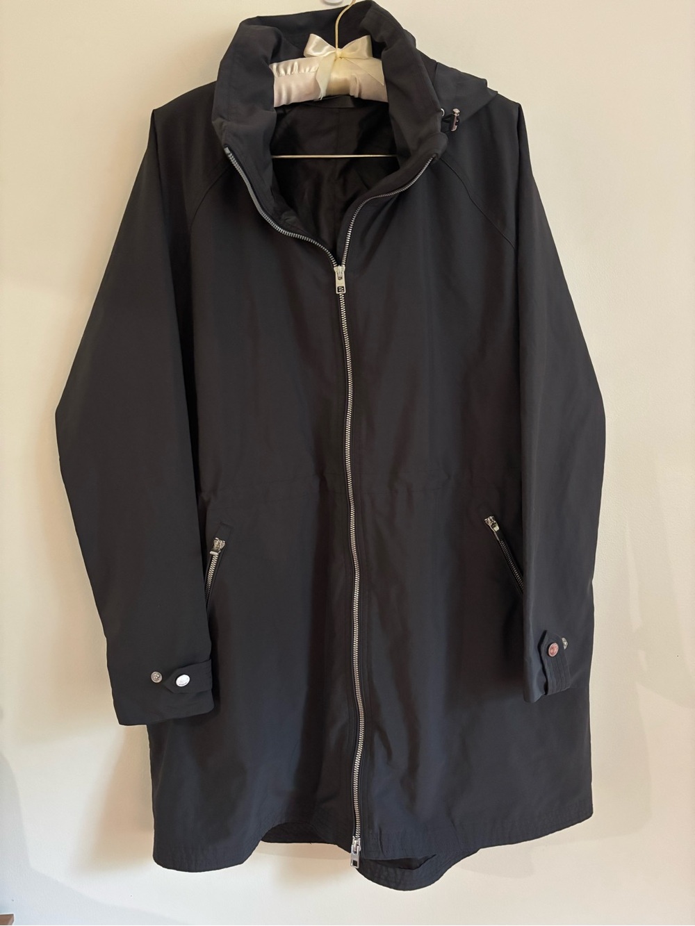 Athleta Women’s Dark Grey Zip-Front Hooded Rain Coat with Fold Away Hood